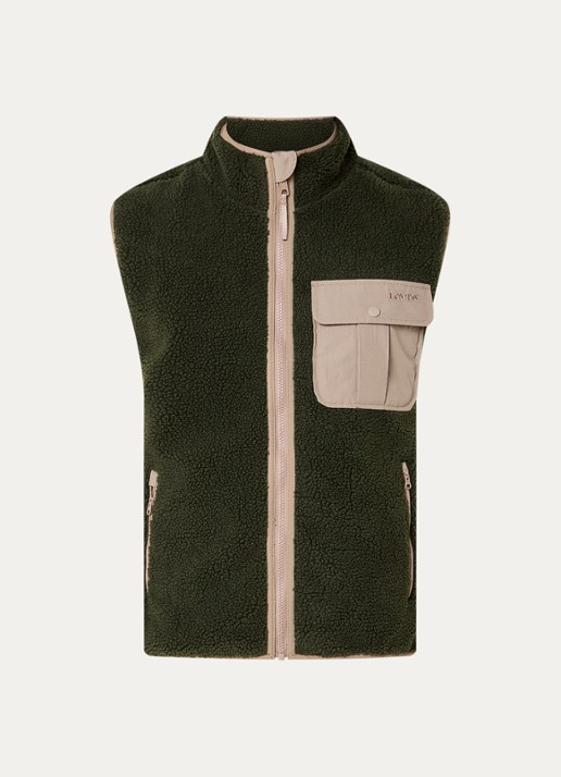 Levi's Joonie Sherpa bodywarmer van teddy met borstzak - voorkant 2 legergroen