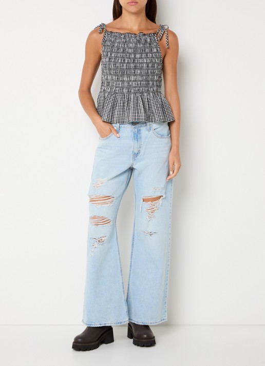 Levi's Monaco top met smockwerk en ruitdessin - voorkant 3 zwart