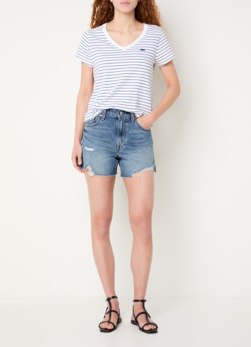 Levi's Ribcage high waist slim fit korte broek van denim met medium wassing - voorkant 2 indigo