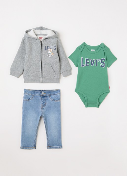 Levi's Set van slim fit jeans met sweatvest en romper 3-delig - voorkant groen