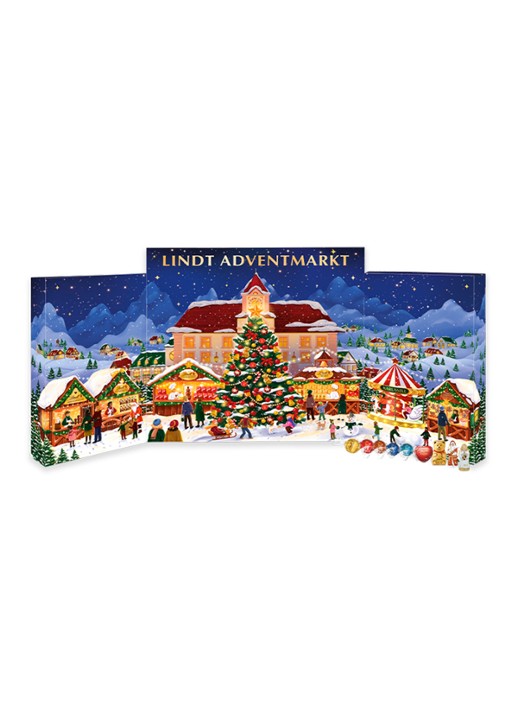 Lindt Kerstmarkt adventskalender met chocolade - 24 dagen - voorkant 2 donkerblauw