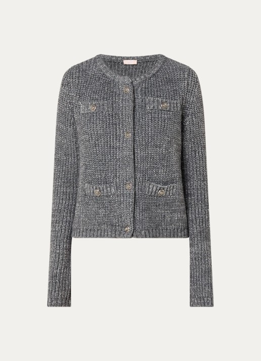 Liu Jo Aperta grofgebreid vest in wolblend met sierknopen en lurex - voorkant 2 donkergrijs