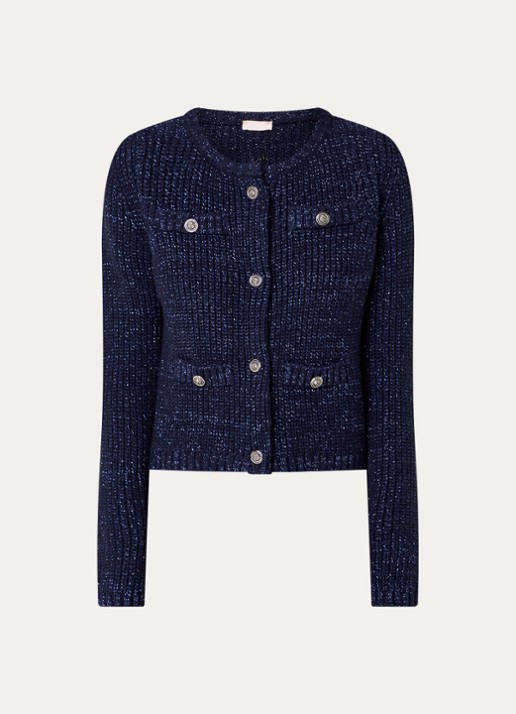 Liu Jo Aperta grofgebreid vest in wolblend met sierknopen en lurex - voorkant 3 donkerblauw