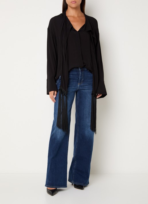 Liu Jo Blouse met sjaalkraag en franjes - voorkant 3 zwart