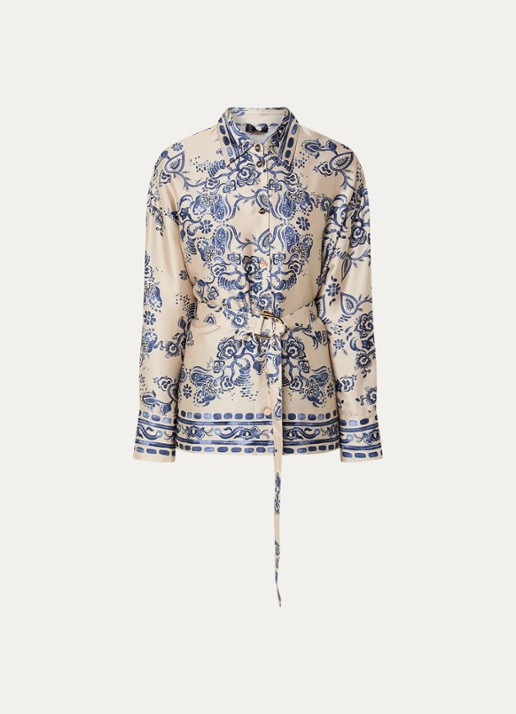 Liu Jo Blouse van satijn met bloemenprint en strikceintuur - voorkant 2 beige