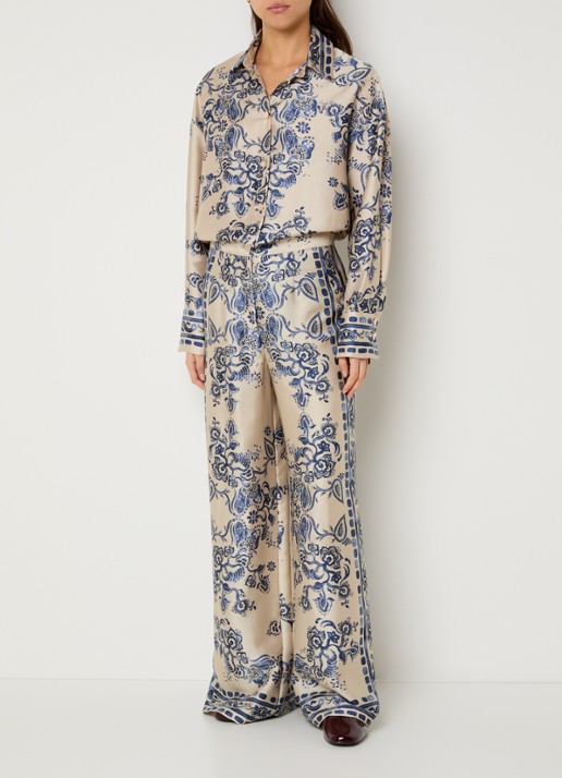 Liu Jo Blouse van satijn met bloemenprint en strikceintuur - voorkant 3 beige