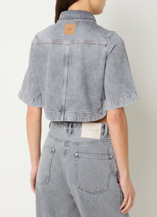 Liu Jo Cropped blouse van denim met borstzak - achterkant 3 lichtgrijs