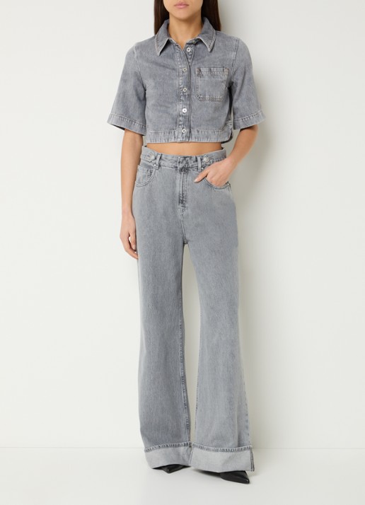Liu Jo Cropped blouse van denim met borstzak - voorkant 2 lichtgrijs