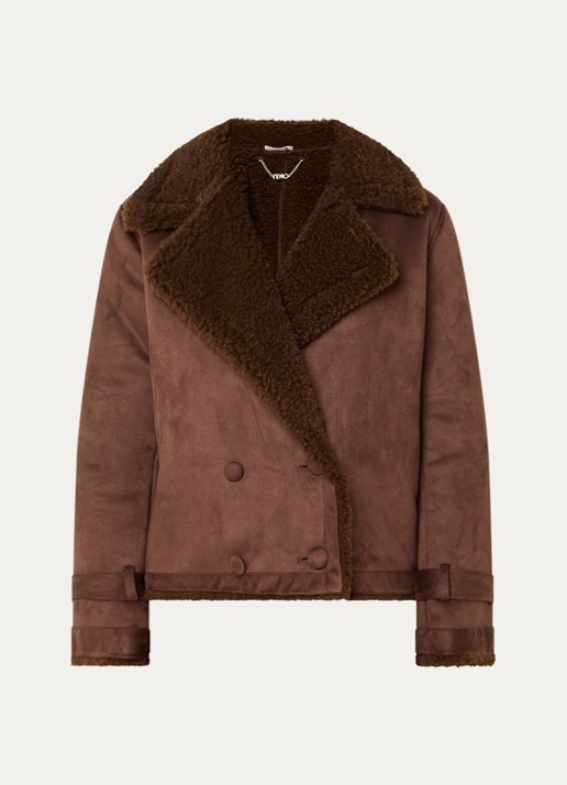 Liu Jo Double-breasted lammy coat van imitatiesuède met teddy voering - voorkant chocoladebruin