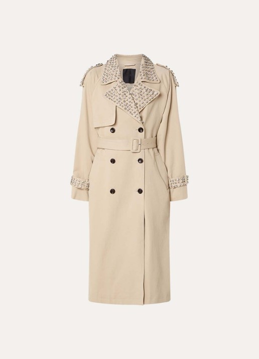 Liu Jo Double-breasted trenchcoat met strass en strikceintuur - voorkant 2 khaki