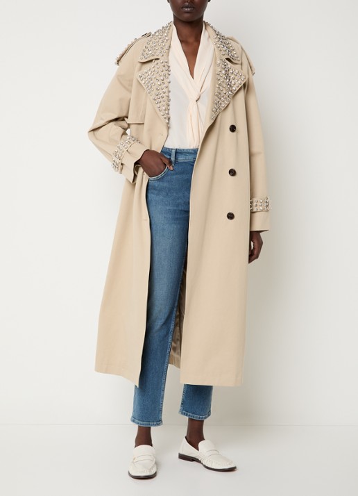 Liu Jo Double-breasted trenchcoat met strass en strikceintuur - voorkant 3 khaki