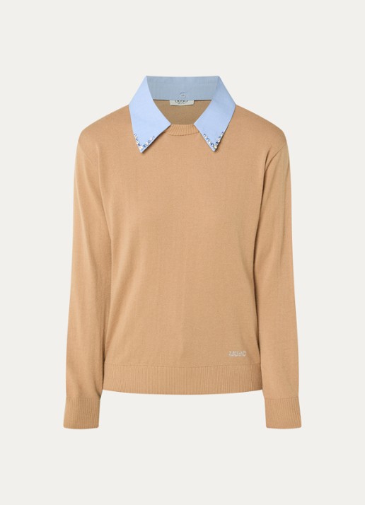 Liu Jo Fijngebreide pullover in wolblend met kraag - voorkant 3 camel