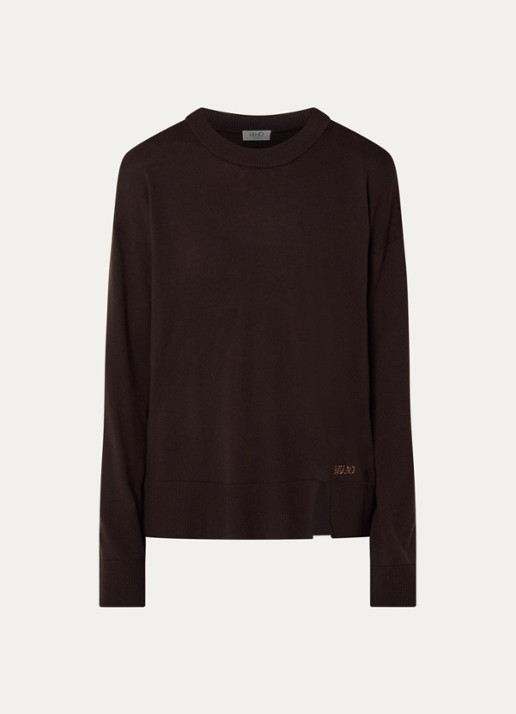 Liu Jo Fijngebreide pullover in wolblend met ronde hals - voorkant donkerbruin