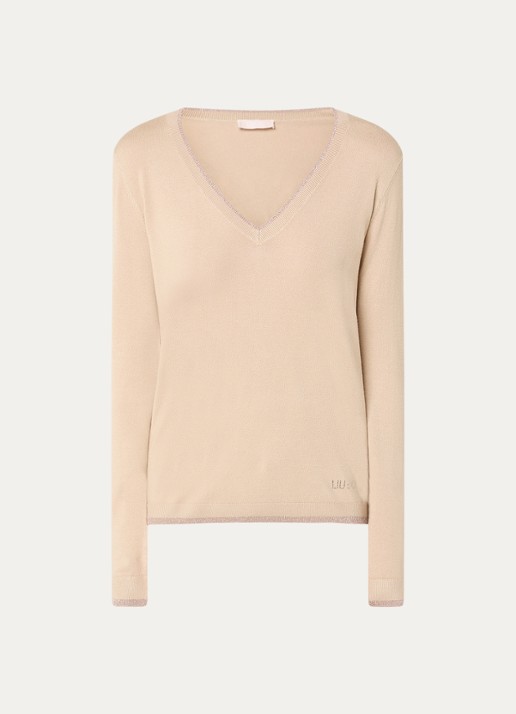 Liu Jo Fijngebreide pullover met strass - voorkant 3 beige