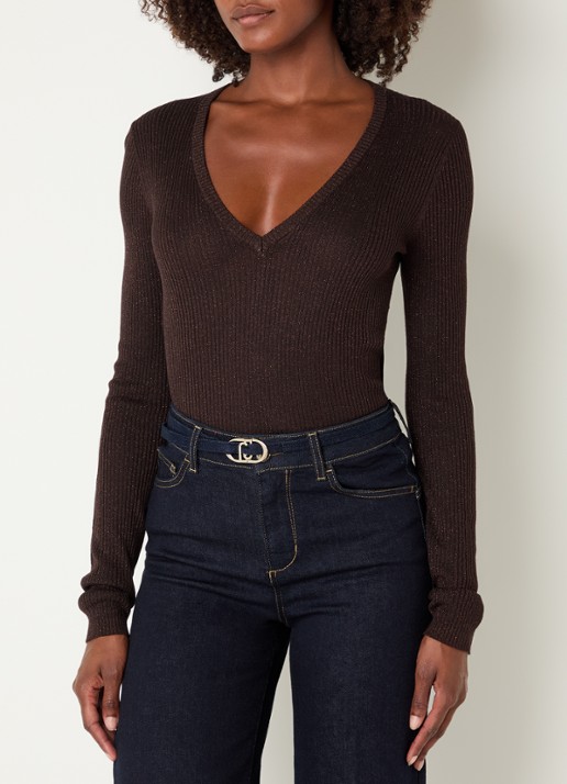Liu Jo Fijngebreide pullover met V-hals - detail donkerbruin