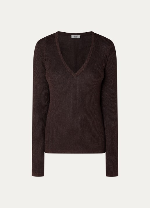 Liu Jo Fijngebreide pullover met V-hals - voorkant 3 donkerbruin