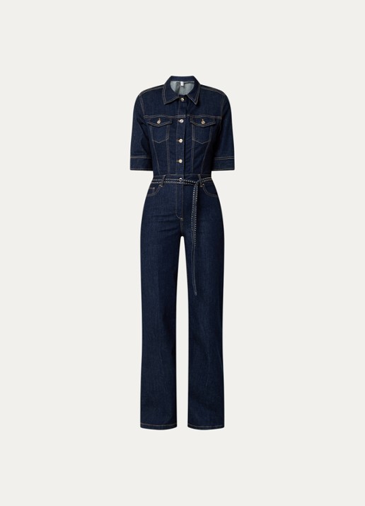 Liu Jo Flared fit jumpsuit van denim met strass - voorkant indigo