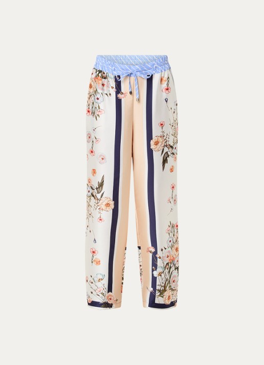 Liu Jo High waist loose fit broek van satijn met bloemenprint - voorkant 3 beige