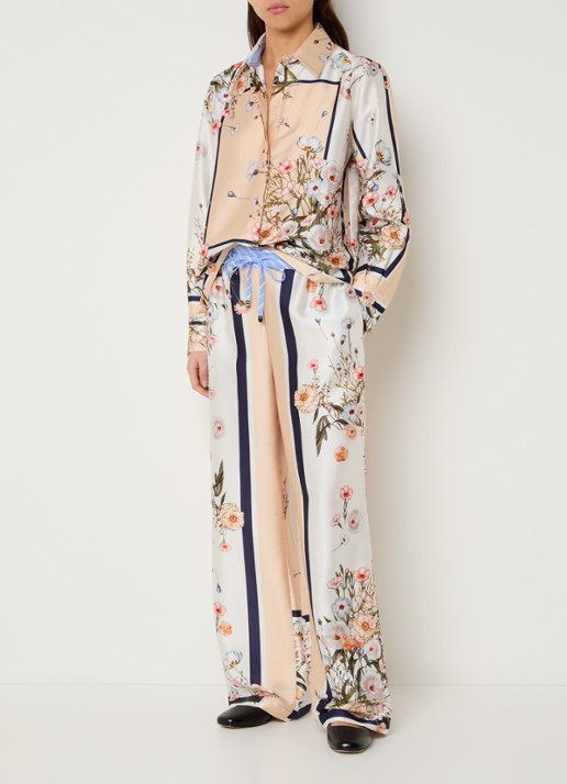 Liu Jo High waist loose fit broek van satijn met bloemenprint - voorkant 4 beige