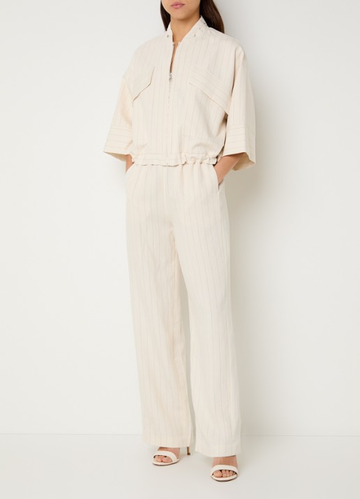 Liu Jo High waist loose fit pantalon met streepprint en steekzakken  - voorkant 2 creme