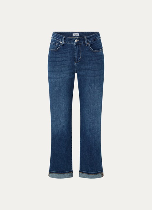 Liu Jo High waist straight fit jeans met donkere wassing en strass - voorkant 4 indigo