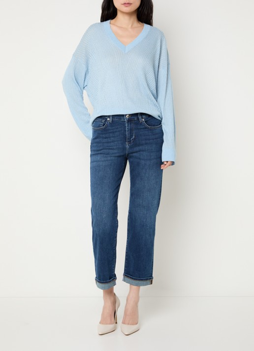 Liu Jo High waist straight fit jeans met donkere wassing en strass - voorkant 5 indigo
