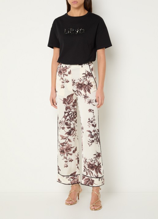 Liu Jo High waist straight fit pantalon met bloemenprint - voorkant 3 gebroken wit