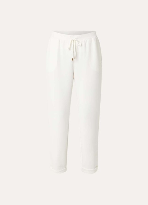 Liu Jo High waist tapered fit broek met logo en strass - voorkant gebroken wit