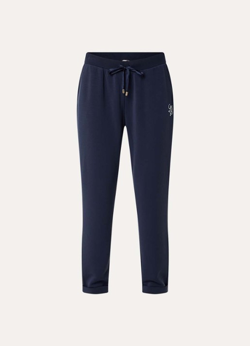 Liu Jo High waist tapered fit broek met logo en strass - voorkant donkerblauw