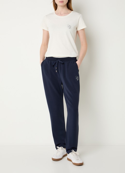 Liu Jo High waist tapered fit broek met logo en strass - voorkant 2 donkerblauw