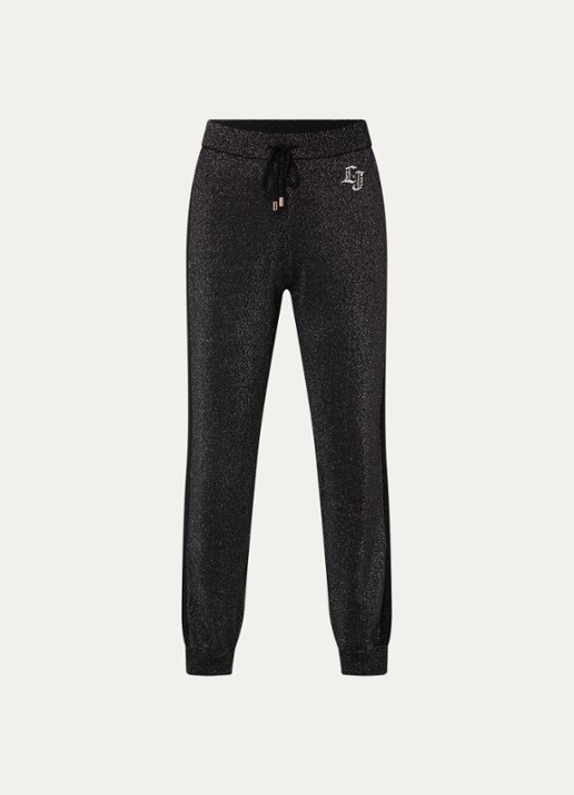 Liu Jo High waist tapered fit joggingbroek met lurex en trekkoord - voorkant zwart