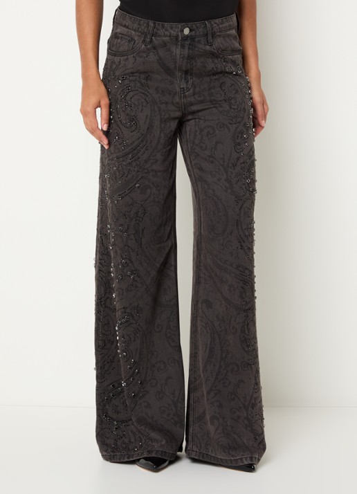Liu Jo High waist wide fit broek met paisley dessin en strass