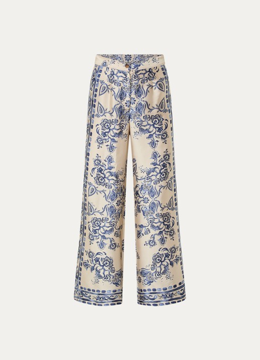 Liu Jo High waist wide fit palazzobroek van satijn met bloemenprint - voorkant beige