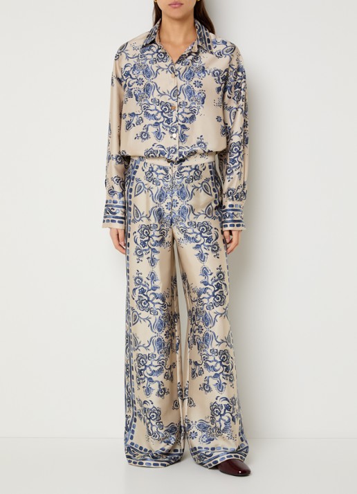 Liu Jo High waist wide fit palazzobroek van satijn met bloemenprint - voorkant 2 beige