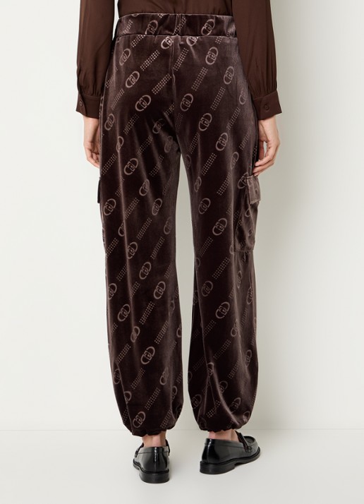 Liu Jo Mid waist tapered fit broek van fluweel met logoprint - achterkant chocoladebruin