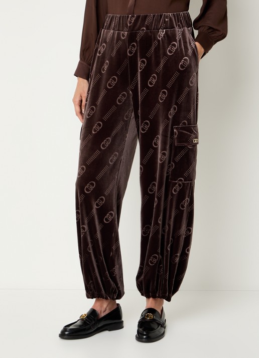Liu Jo Mid waist tapered fit broek van fluweel met logoprint - detail 2 chocoladebruin