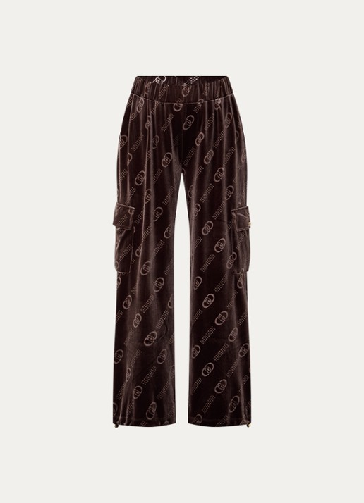 Liu Jo Mid waist tapered fit broek van fluweel met logoprint - voorkant 3 chocoladebruin