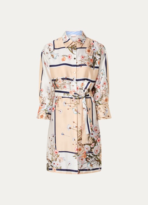 Liu Jo Mini blousejurk van satijn met print en strikceintuur - voorkant 2 beige
