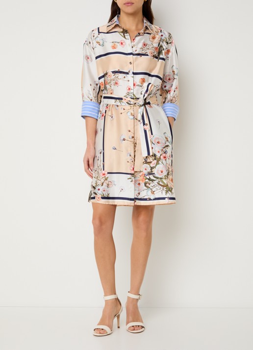 Liu Jo Mini blousejurk van satijn met print en strikceintuur - voorkant 3 beige