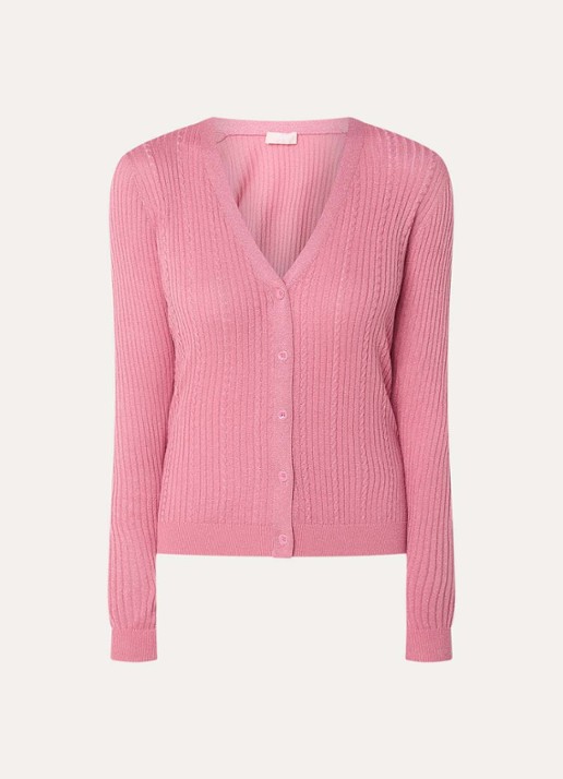 Liu Jo Ribgebreid vest met lurex en V-hals - voorkant koraalroze