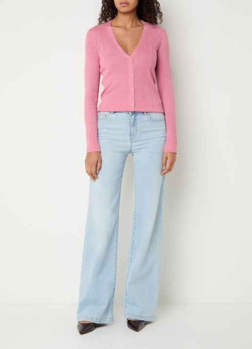 Liu Jo Ribgebreid vest met lurex en V-hals - voorkant 2 koraalroze