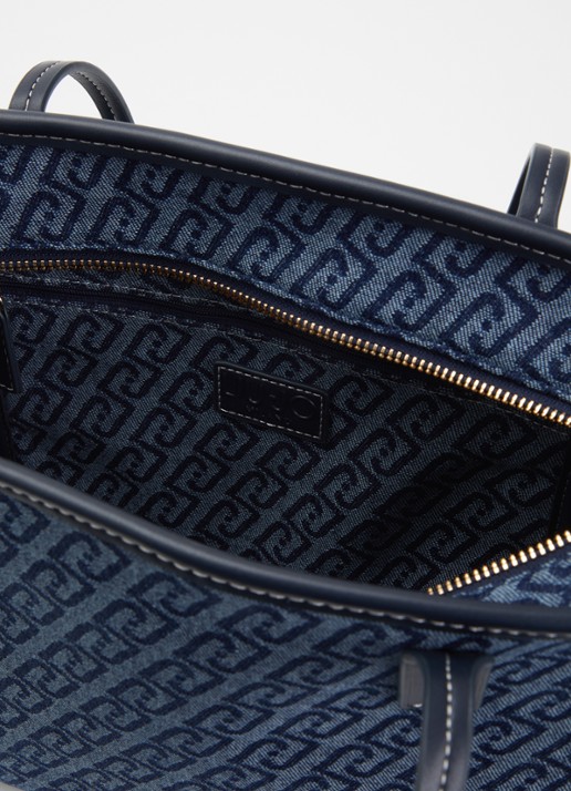 Liu Jo Shopper van denim met logoprint - detail donkerblauw
