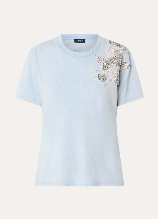 Liu Jo T-shirt met applicatie en strass - voorkant lichtblauw