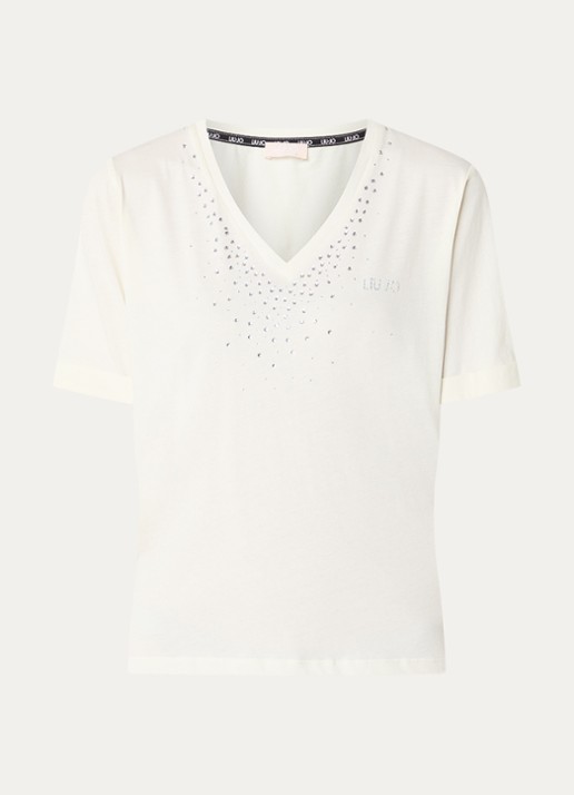 Liu Jo T-shirt met logo en strass - voorkant 3 gebroken wit