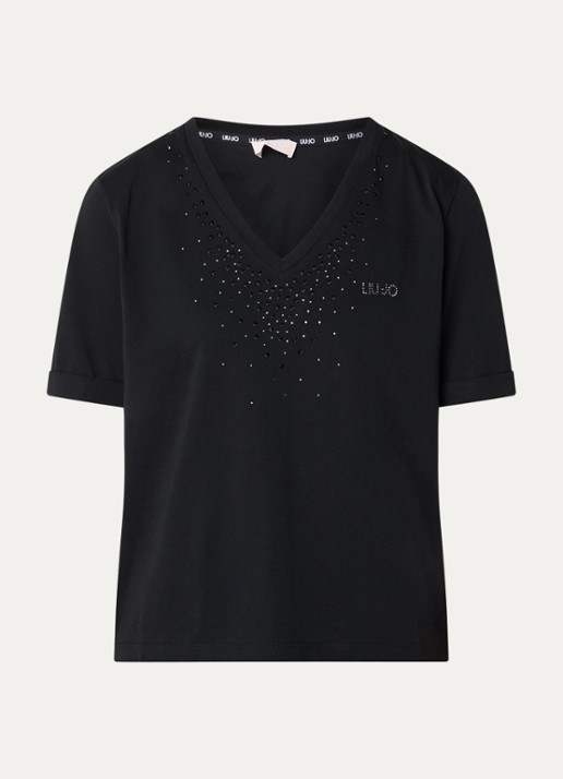 Liu Jo T-shirt met logo en strass - voorkant 3 zwart