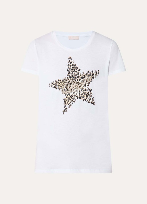 Liu Jo T-shirt met logoprint en strass - voorkant 2 zand