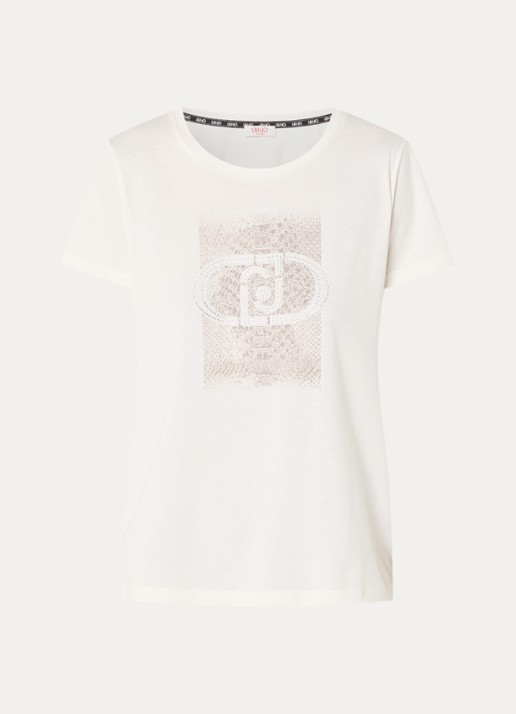 Liu Jo T-shirt met logoprint en strass - voorkant gebroken wit