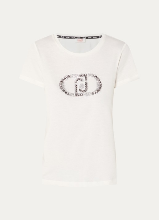 Liu Jo T-shirt met logoprint en strass - voorkant gebroken wit