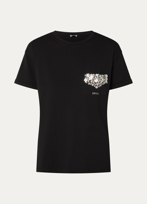Liu Jo T-shirt met strass en borstzak - voorkant zwart