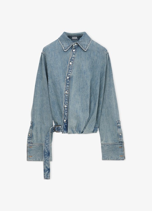 LOEWE Blouse van denim met ceintuur - voorkant indigo